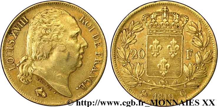 20 francs or Louis XVIII, tête nue 1819 Perpignan F.519/16 BB 