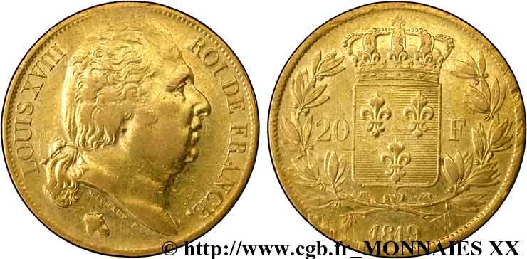 20 francs or Louis XVIII, tête nue 1819 Lille F.519/18 TTB 