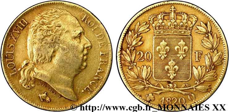 20 francs or Louis XVIII, tête nue 1820 Perpignan F.519/21 MBC 
