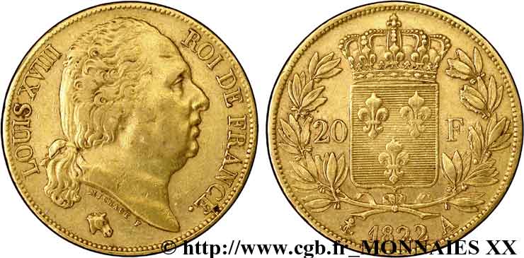 20 francs or Louis XVIII, tête nue 1822 Paris F.519/26 XF 