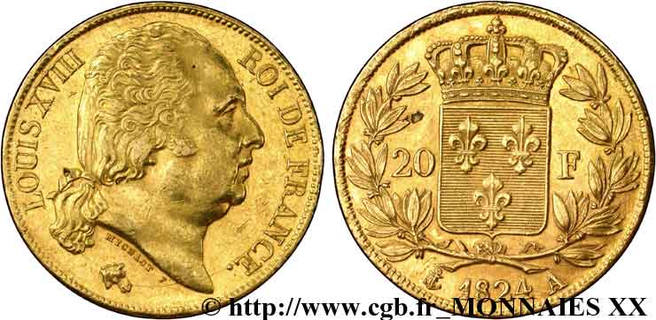 20 francs or Louis XVIII, tête nue 1824 Paris F.519/31 SPL 