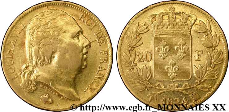 20 francs or Louis XVIII, tête nue 1824 Marseille F.519/32 MBC 