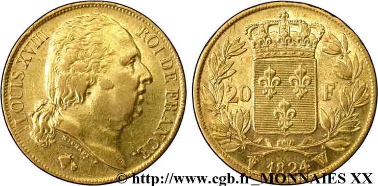 20 francs or Louis XVIII, tête nue 1824 Lille F.519/34 MBC 