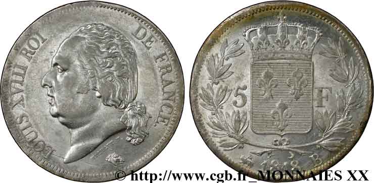 5 francs Louis XVIII tête nue 1818 Rouen F.309/29 AU 
