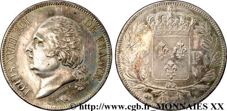 5 francs Louis XVIII, tête nue 1823 Bayonne F.309/83 EBC 