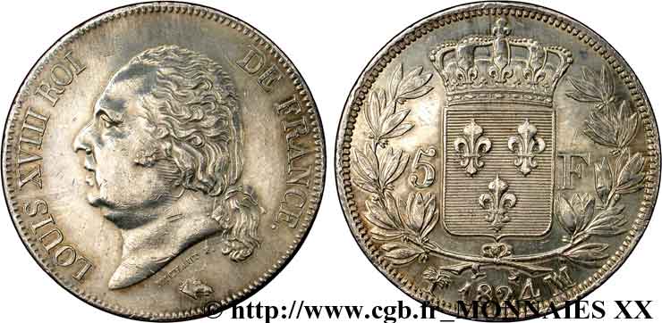 5 francs Louis XVIII tête nue 1824 Marseille F.309/96 SUP 