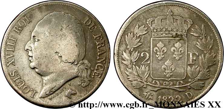 2 francs Louis XVIII 1822 Lyon F.257/38 VF 