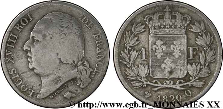 1 franc Louis XVIII 1820 Perpignan F.206/34 TB 