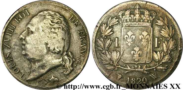 1 franc Louis XVIII 1820 Lille F.206/35 MB 