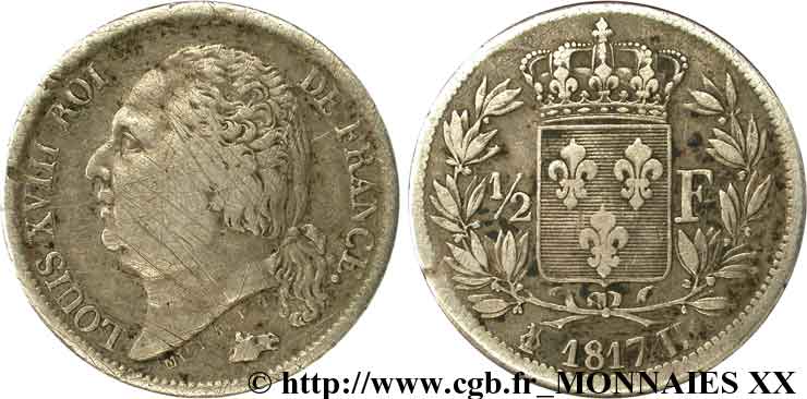 1/2 franc Louis XVIII 1817 La Rochelle F.179/11 BC 