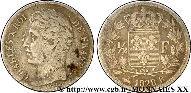1/2 franc Charles X 1828 Rouen F.180/26 TB 