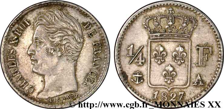 1/4 franc Charles X 1827 Paris F.164/10 EBC 