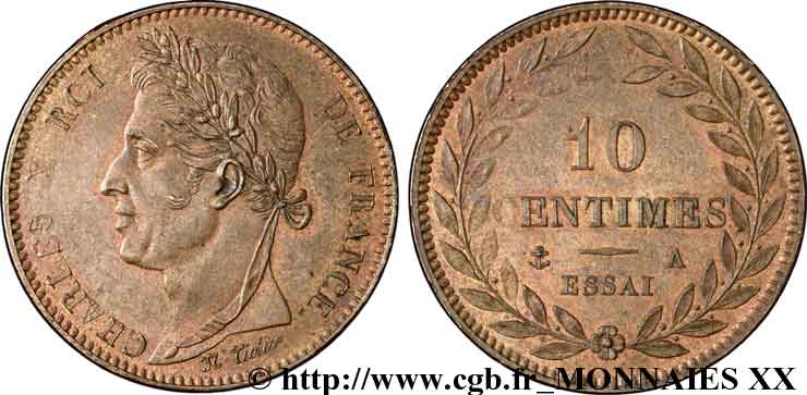 Essai bronze de 10 centimes Charles X n.d. Paris VG.2616  MS 