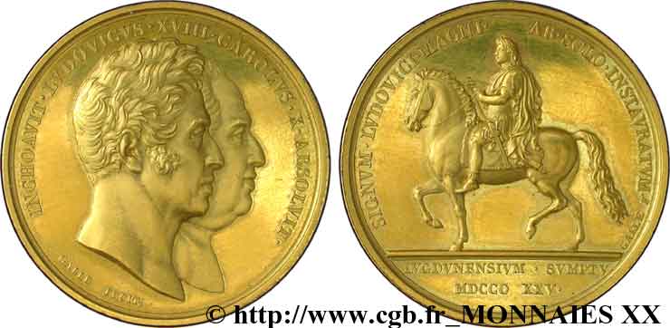 CARLO X Ensemble de trois médailles en argent doré, argent et bronze, rétablissement de la statue équestre de Louis XIV à Lyon AU