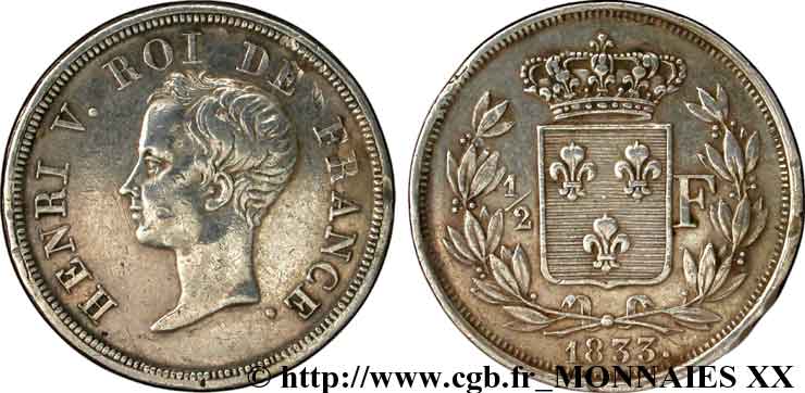 1/2 franc, buste juvénile 1833  VG.2713  MBC 