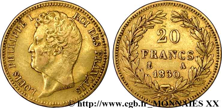 20 francs or Louis-Philippe, Tiolier, tranche inscrite en creux 1830 Paris F.524/1 BB 