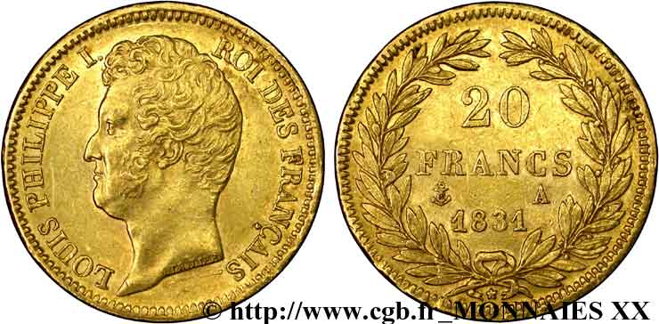 20 francs or Louis-Philippe, Tiolier, tranche inscrite en creux 1831 Paris F.524/2 SUP 
