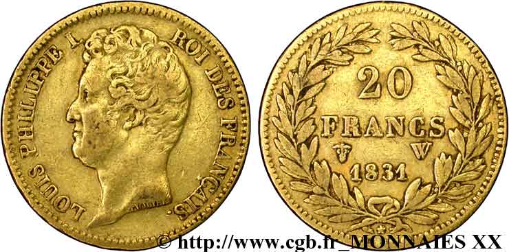 20 francs or Louis-Philippe, Tiolier, tranche inscrite en creux 1831 Lille F.524/4 BC 