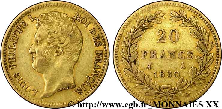 20 francs or Louis-Philippe, Tiolier, tranche inscrite en relief 1830 Paris F.525/1 TTB 