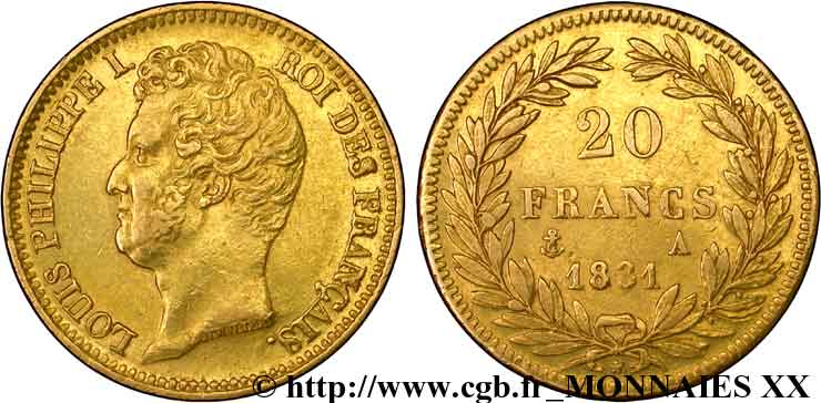 20 francs or Louis-Philippe, Tiolier, tranche inscrite en relief 1831 Paris F.525/2 BB 