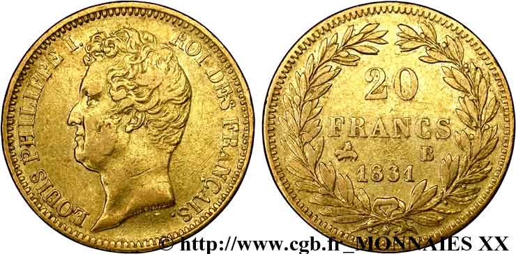 20 francs or Louis-Philippe, Tiolier, tranche inscrite en relief 1831 Rouen F.525/3 XF 
