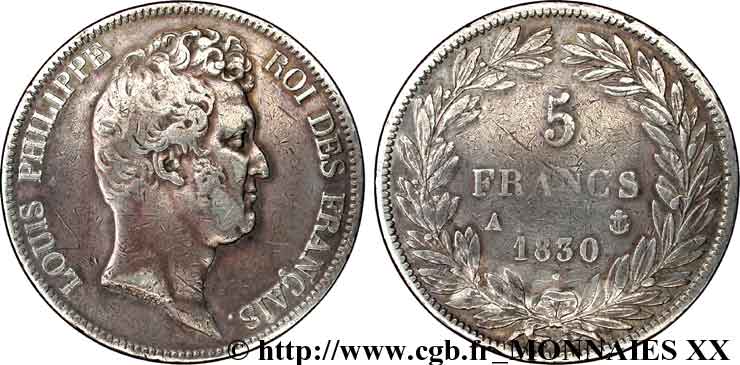 5 francs type Tiolier sans le I, tranche en creux 1830  Paris F.313/1 MB 