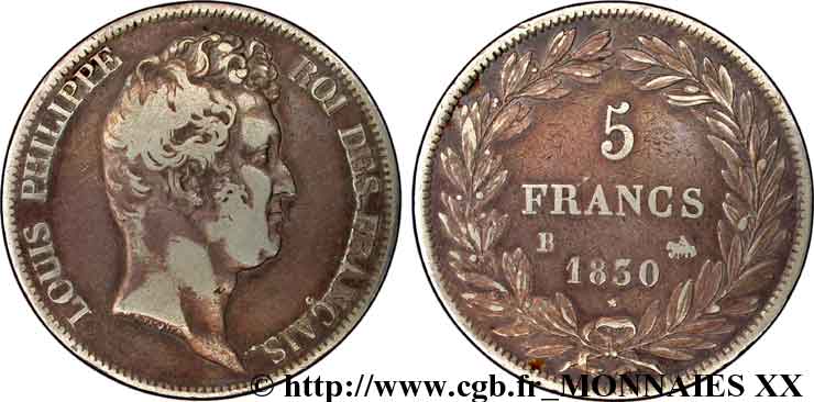 5 francs type Tiolier sans le I, tranche en creux 1830  Rouen F.313/2 MB 