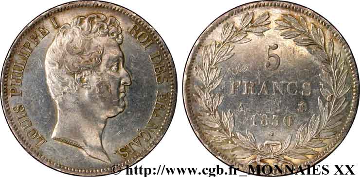 5 francs type Tiolier avec le I, tranche en creux 1830 Paris F.315/1 BB 