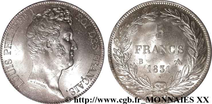 5 francs type Tiolier avec le I, tranche en creux 1831 Rouen F.315/15 fST 