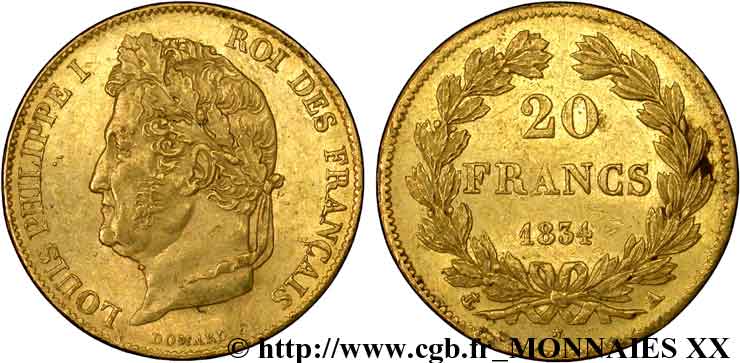 20 francs Louis-Philippe, Domard 1834 Paris F.527/7 SPL 