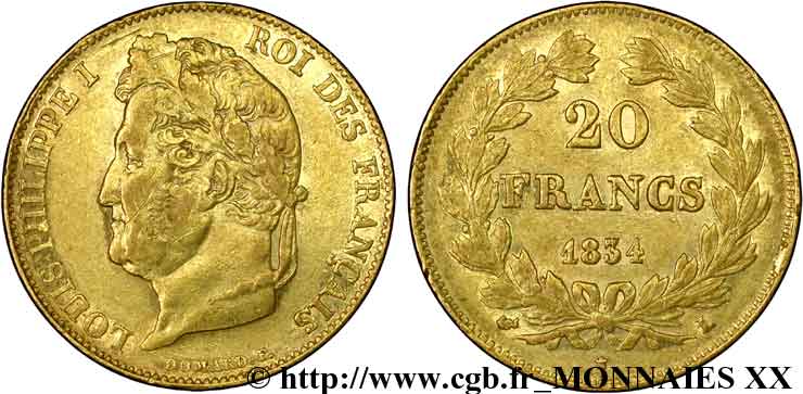 20 francs Louis-Philippe, Domard 1834 Bayonne F.527/9 MBC 
