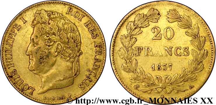20 francs Louis-Philippe, Domard 1837 Paris F.527/16 TTB 
