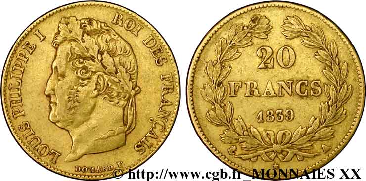 20 francs Louis-Philippe, Domard 1839 Paris F.527/20 XF 