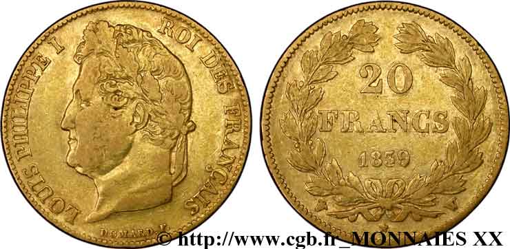 20 francs Louis-Philippe, Domard 1839 Lille F.527/21 XF 