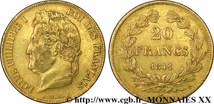 20 francs Louis-Philippe, Domard 1841 Paris F.527/25 XF 