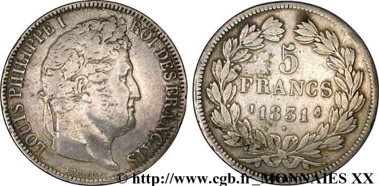 5 francs, Ier type Domard, tranche en relief 1831 Limoges F.320/6 TB 