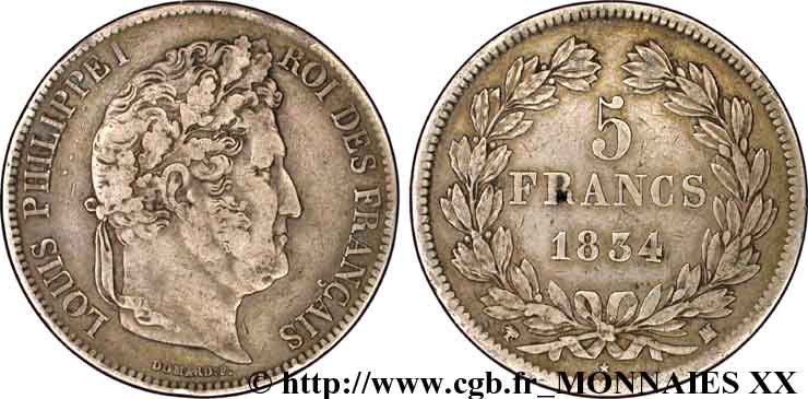 5 francs, IIe type Domard 1834 Marseille F.324/38 TTB 