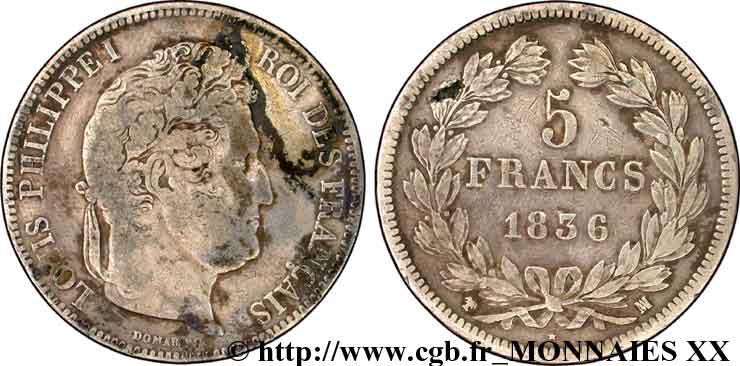 5 francs, IIe type Domard 1836 Marseille F.324/59 TB 