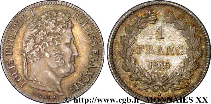 1 franc Louis-Philippe, couronne de chêne 1835 Paris F.210/40 AU 