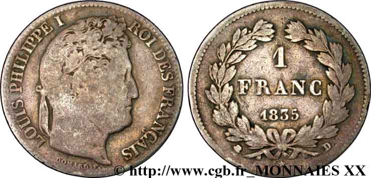 1 franc Louis-Philippe, couronne de chêne 1835 Lyon F.210/42 RC 