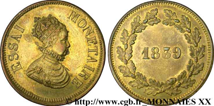Essai monétaire cuivre jaune, module du décime 1839  VG.2901 var. EBC 