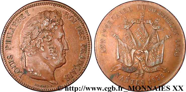 Module de 5 francs en cuivre, Nantes 1832 Paris VG.-  SUP 