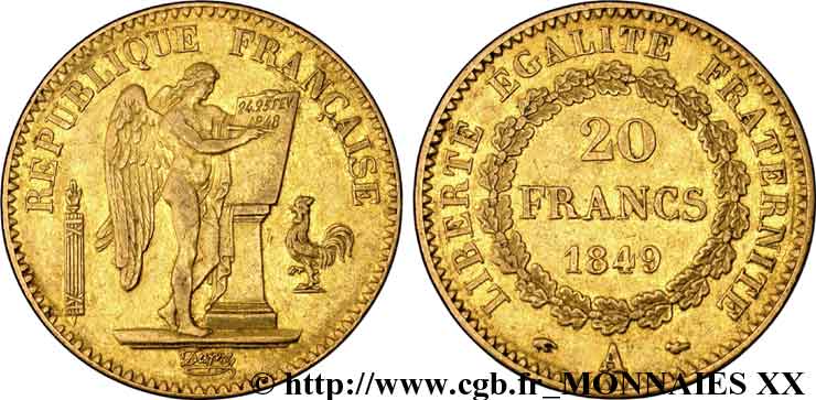 20 francs or Génie, IIe République 1849 Paris F.528/2 XF 