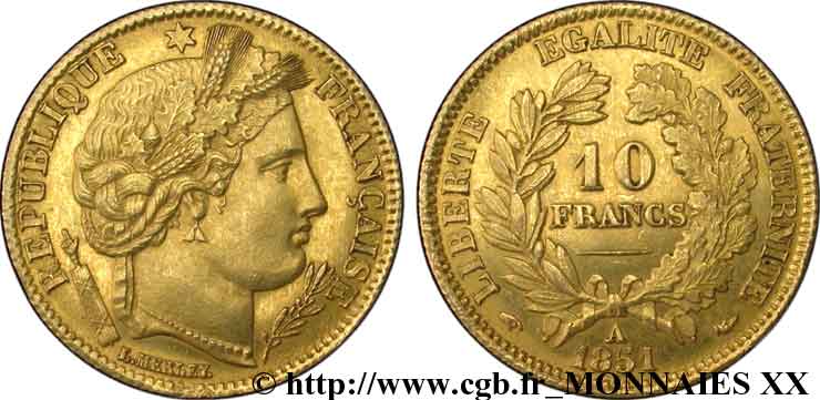 10 francs Cérès Deuxième république, levrette oreille basse 1851 Paris F.504/3 VZ 