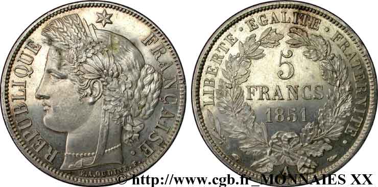 5 francs Cérès, IIe République 1851 Paris F.327/7 SC 