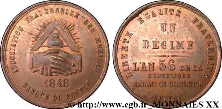 Ensemble de six monnaies de la banque du peuple, 1 et 1/2 franc, 1, 1/2, 1/5e et 1/10e de décime 1848  VG.3211-3213-3214-3215-3216-3217  VZ 