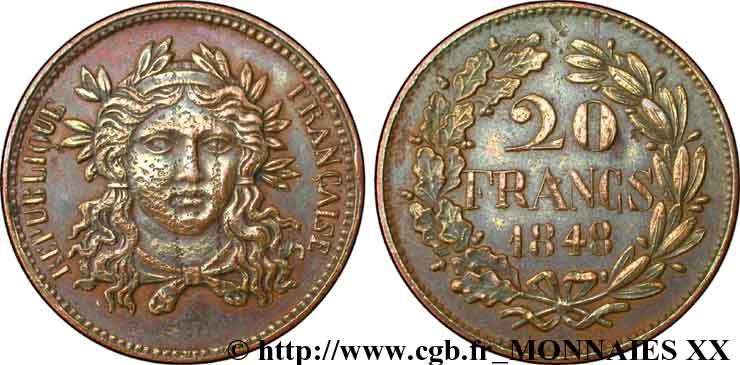 Concours de 20 francs, piéfort de Gayrard, deuxième concours 1848 Paris VG.3051 var. TTB 