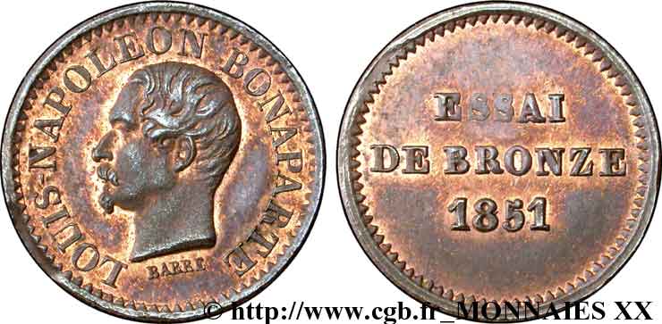 Essai de bronze au module de un centime, Louis-Napoléon Bonaparte 1851 Paris VG.3297  fST 