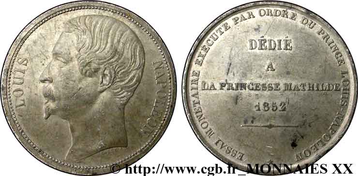 Essai monétaire au module de 5 francs, Louis-Napoléon Bonaparte, par Caqué 1852 Paris VG.3303 var. XF 