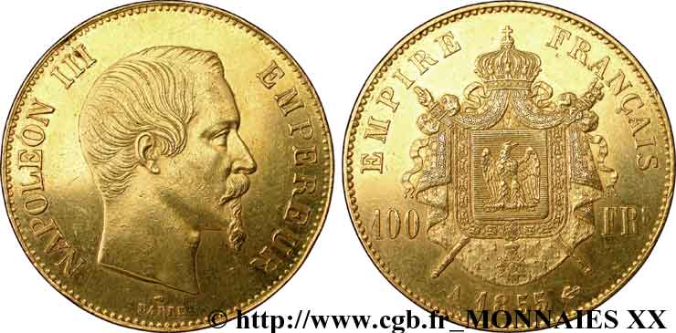 100 francs or Napoléon III tête nue 1855 Paris F.550/1 EBC 